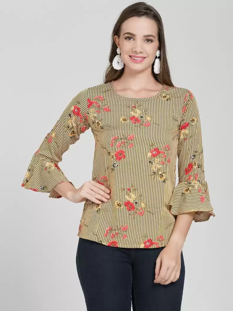TANDUL Casual Bell Sleeves Floral Print Women Multicolor Top