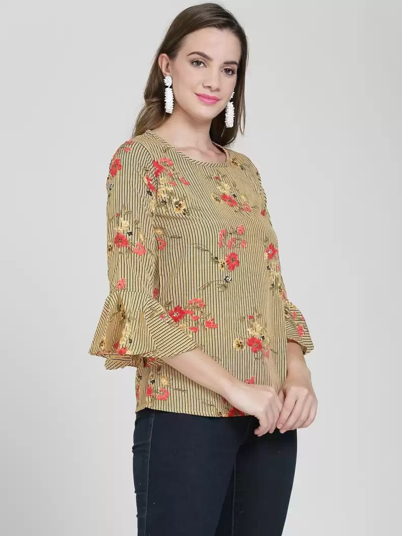 TANDUL Casual Bell Sleeves Floral Print Women Multicolor Top