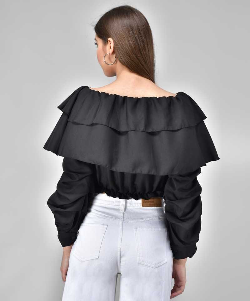 TANDUL Casual Regular Sleeves Solid Women Black Top