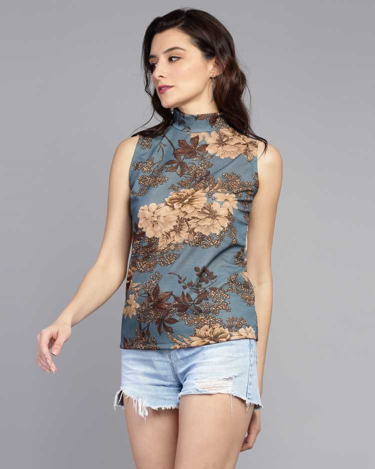 Casual Sleeveless Printed Women Grey, Gold Top