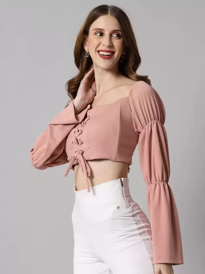 TANDUL Casual Flared Sleeves Solid Women Pink Top
