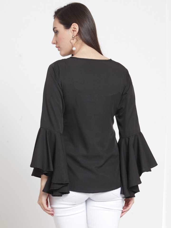 TANDUL Casual Bell Sleeves Solid Women Black Top