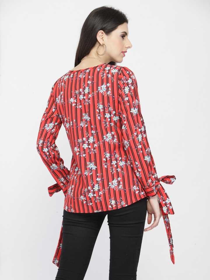 Casual Slit Sleeves Printed Women Red Top