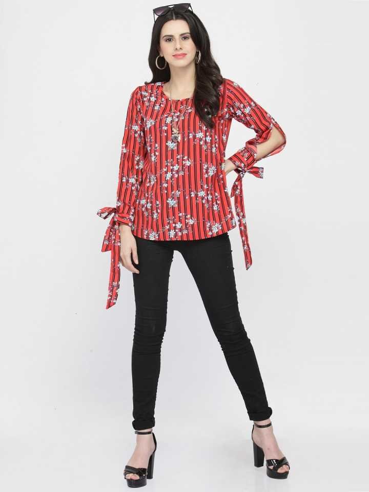 Casual Slit Sleeves Printed Women Red Top