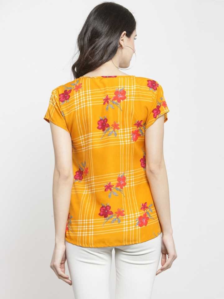 TANDUL Casual Regular Sleeves Printed, Checkered Women Yellow Top