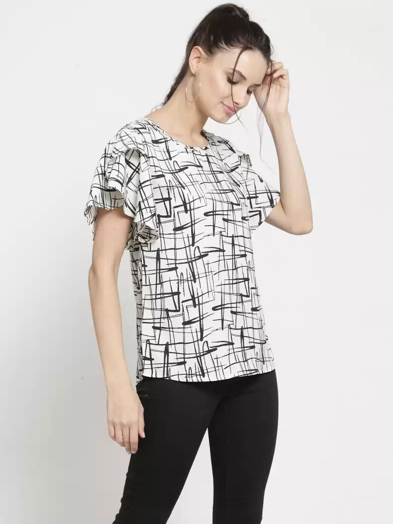 ZARVEY Casual Ruffled Sleeves Printed Women Multicolor Top