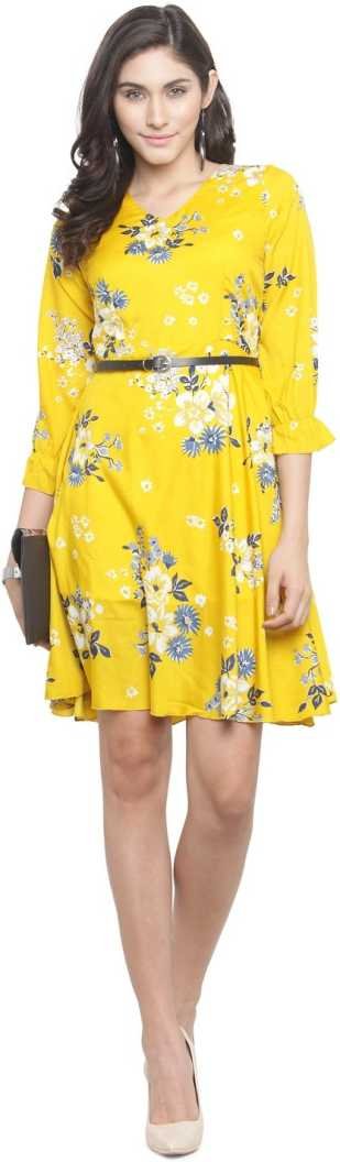 Women Fit and Flare Yellow Dress