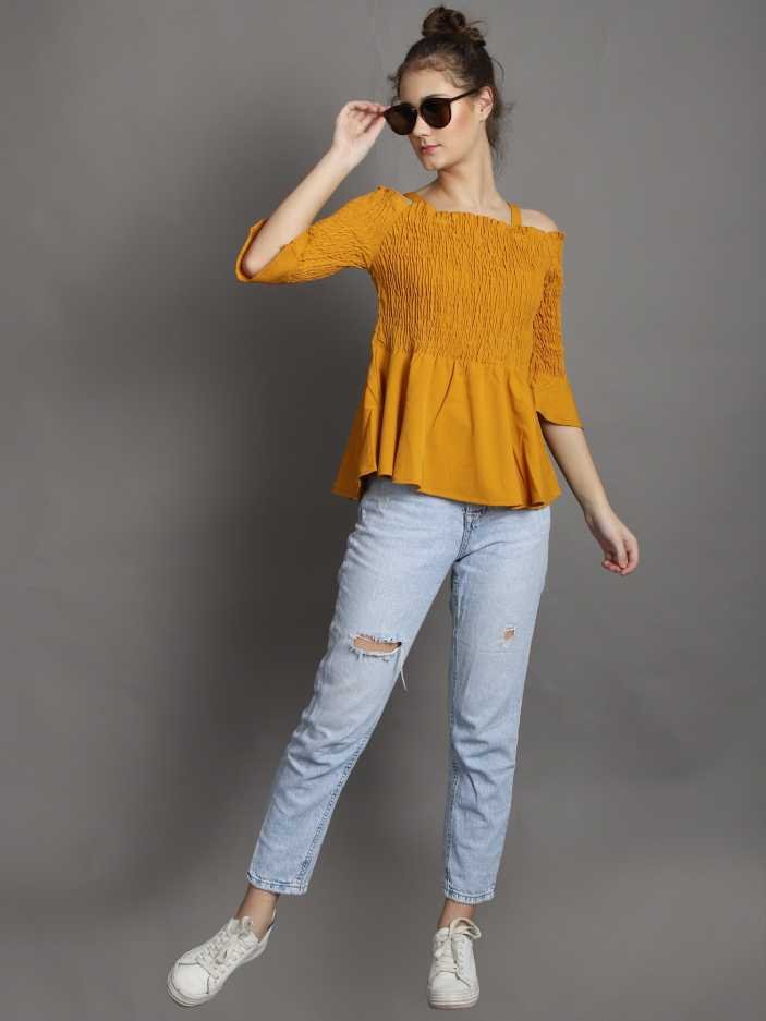Casual Regular Sleeves Solid Women Yellow Top