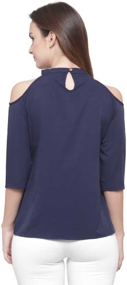 TANDUL Casual Cold Shoulder Sleeves Solid Women Dark Blue Top