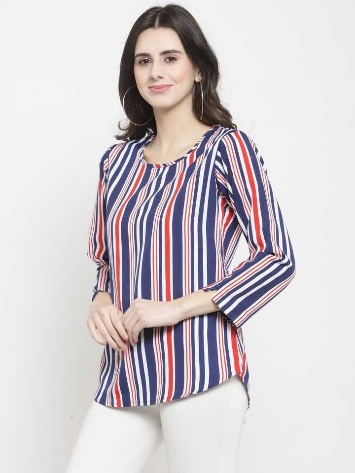 TANDUL Casual Regular Sleeves Striped Women Red, White, Blue Top