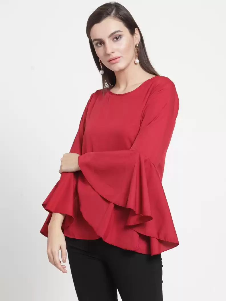 TANDUL Party Bell Sleeves Solid Women Maroon Top