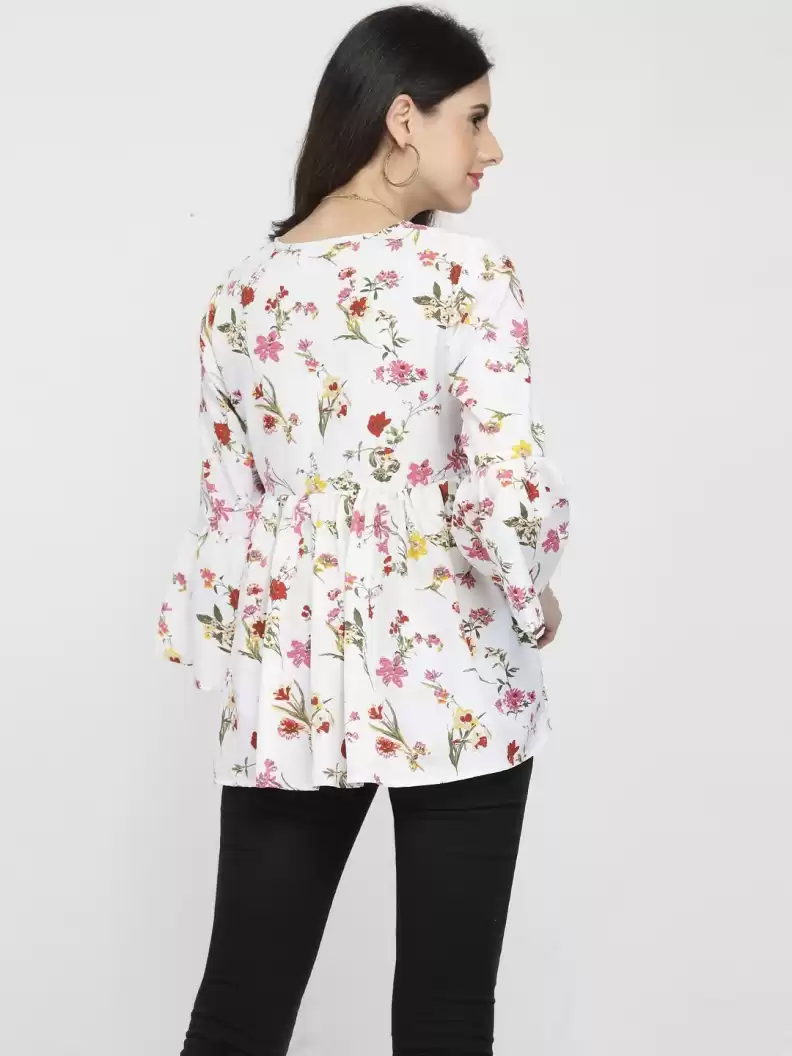 TANDUL Casual Bell Sleeves Printed, Floral Print Women White Top