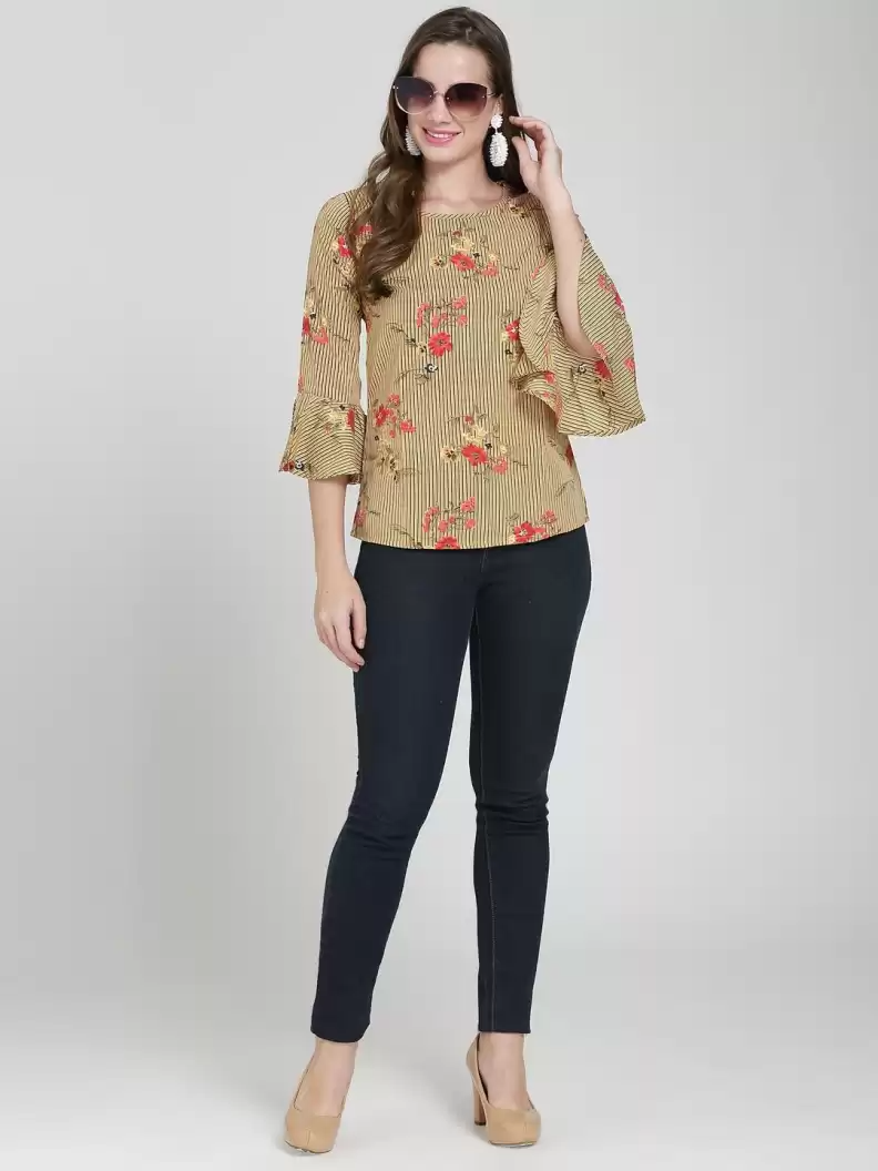 TANDUL Casual Bell Sleeves Floral Print Women Multicolor Top