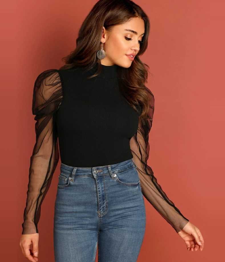 TANDUL INSTA Casual Puff Sleeves Solid Women Black Top