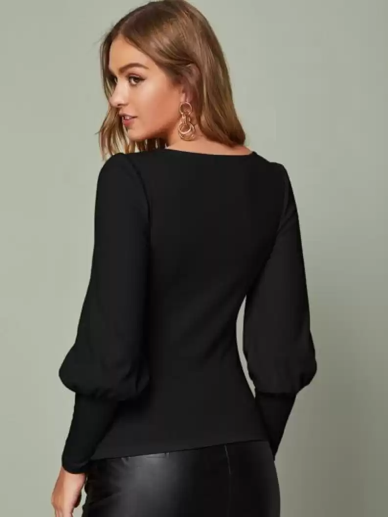 TANDUL Casual Bishop Sleeve Solid Women Black Top