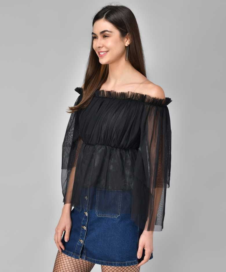 Casual Regular Sleeves Printed Women Black Top