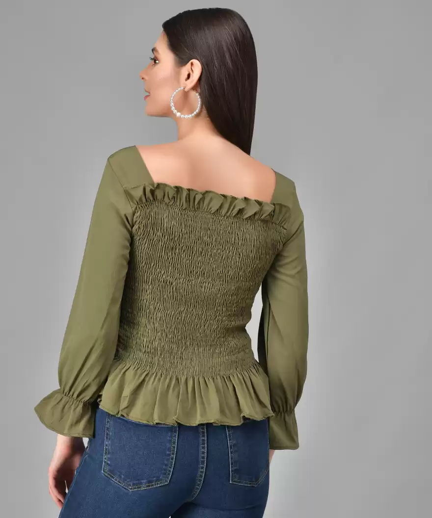 TANDUL Casual Regular Sleeves Solid Women Green Top