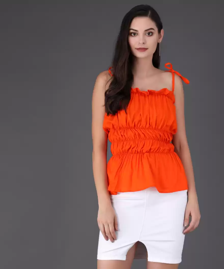 TANDUL Casual Sleeveless Solid Women Orange Top