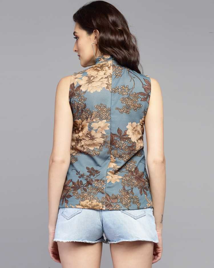 Casual Sleeveless Printed Women Grey, Gold Top