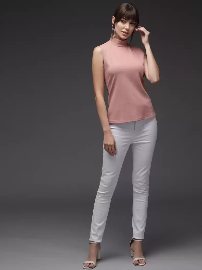 TANDUL Casual Sleeveless Solid Women Pink Top