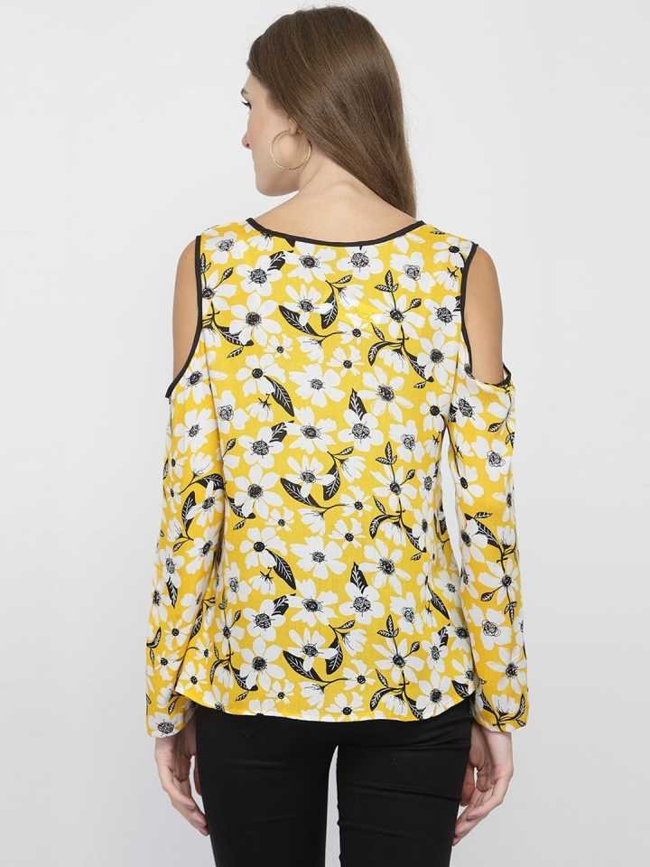TANDUL Casual Cold Shoulder Sleeves Floral Print Women Yellow Top