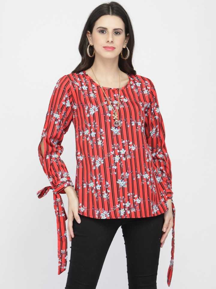 Casual Slit Sleeves Printed Women Red Top