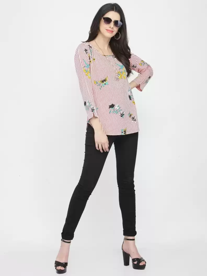 TANDUL Casual Slit Sleeves Printed Women Red, White Top
