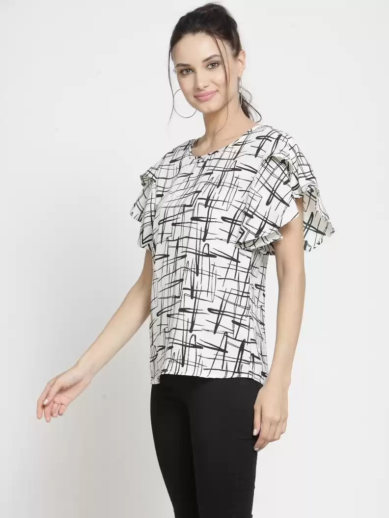 ZARVEY Casual Ruffled Sleeves Printed Women Multicolor Top