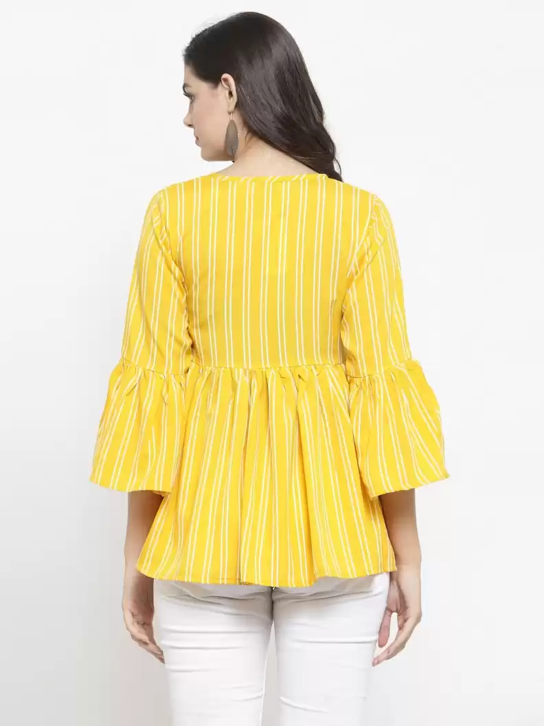 TANDUL Casual Bell Sleeves Striped Women Yellow Top
