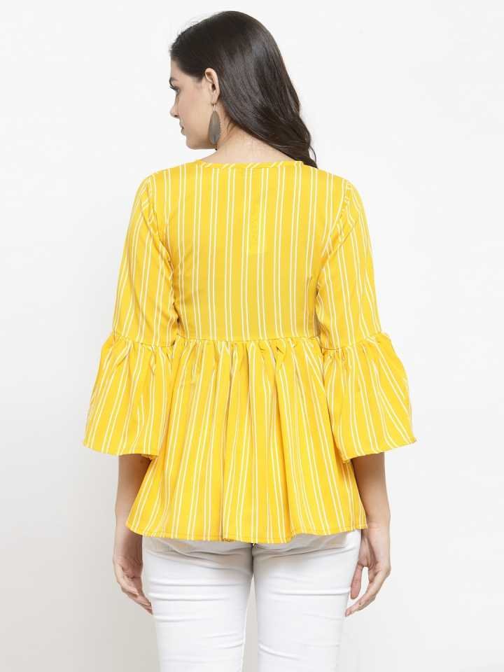 TANDUL Casual Bell Sleeves Striped Women Yellow Top
