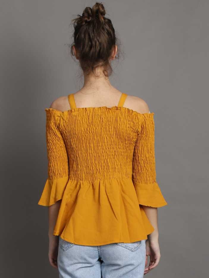 Casual Regular Sleeves Solid Women Yellow Top