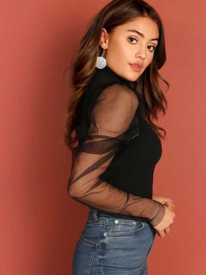 TANDUL INSTA Casual Puff Sleeves Solid Women Black Top