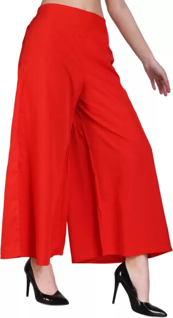 Stacked Flame Flared Women Red Crepe Trousers