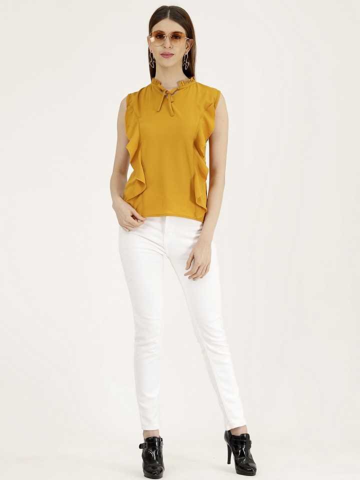 TANDUL Casual Sleeveless Solid Women Yellow Top