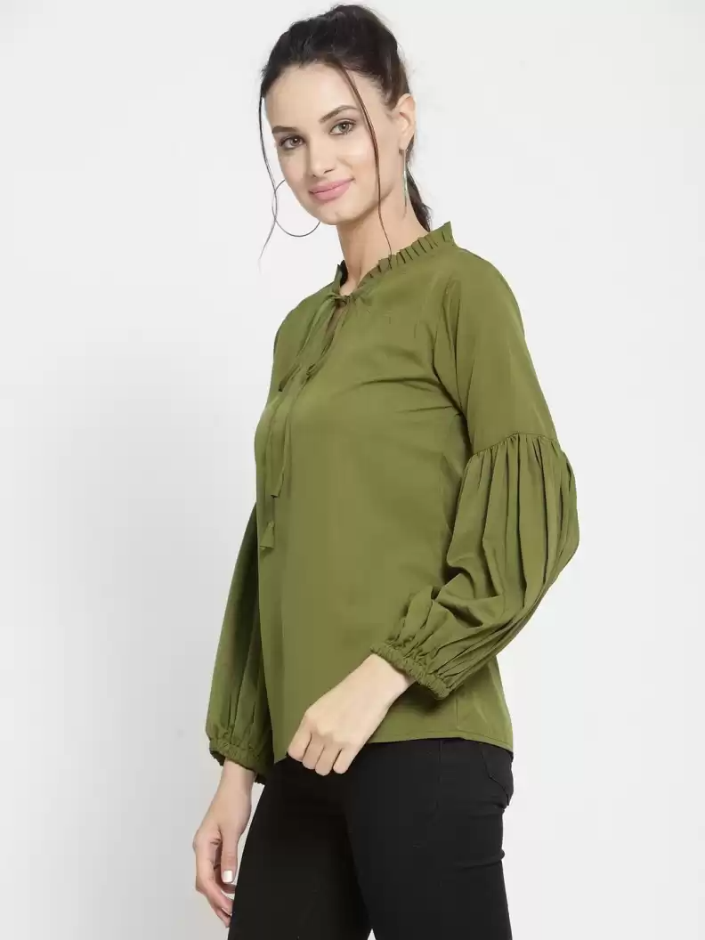 TANDUL Casual Balloon Sleeve Solid Women Green Top