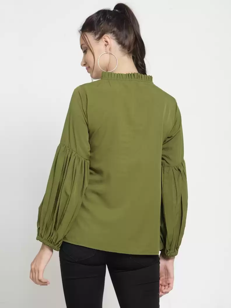 TANDUL Casual Balloon Sleeve Solid Women Green Top