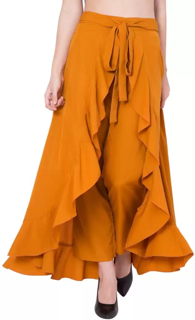 TANDUL Flared Women Yellow Poly Crepe Trousers