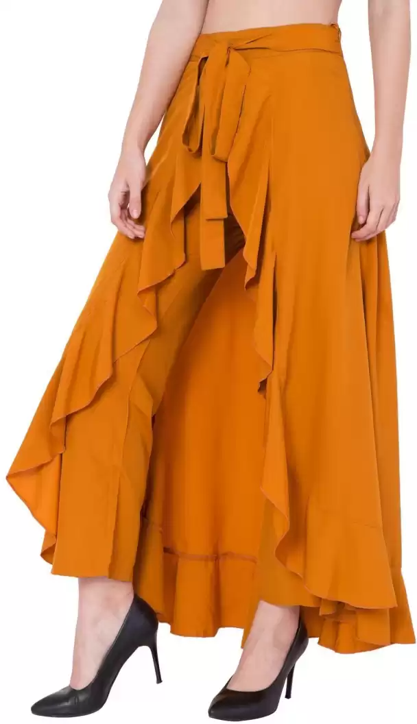 TANDUL Flared Women Yellow Poly Crepe Trousers