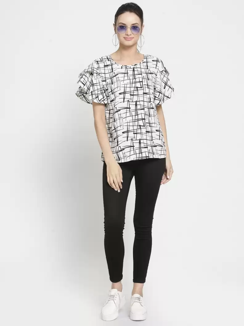 ZARVEY Casual Ruffled Sleeves Printed Women Multicolor Top
