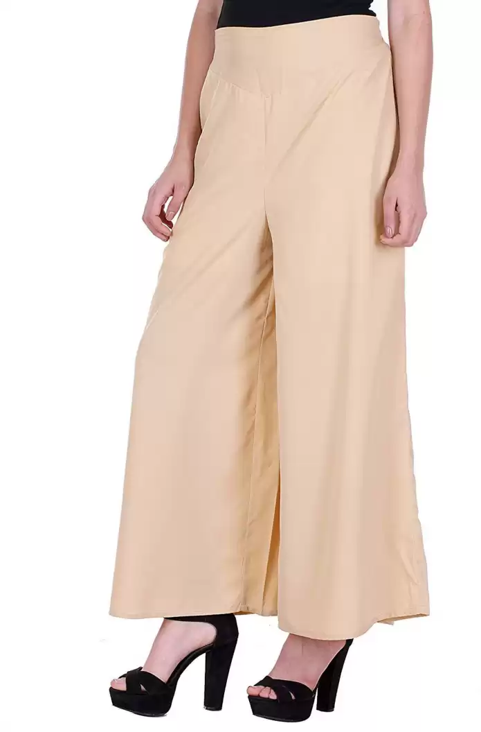 Stacked Flame Flared Women Beige Poly Crepe Trousers