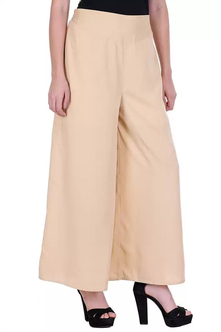 Stacked Flame Flared Women Beige Poly Crepe Trousers