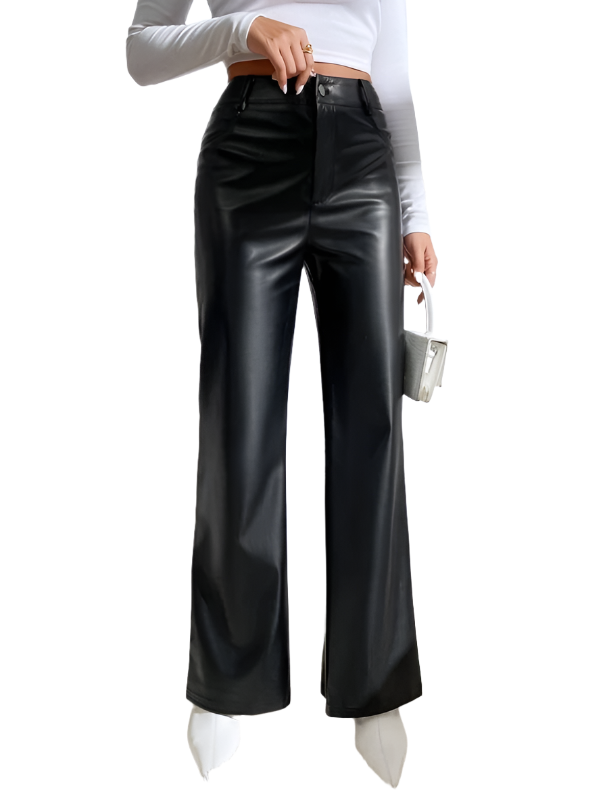 Stacked Flame Women Regular Fit Black Faux Leather Trousers