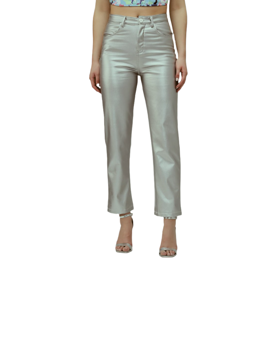Stacked Flame Women Regular Fit Silver Faux Leather Trousers
