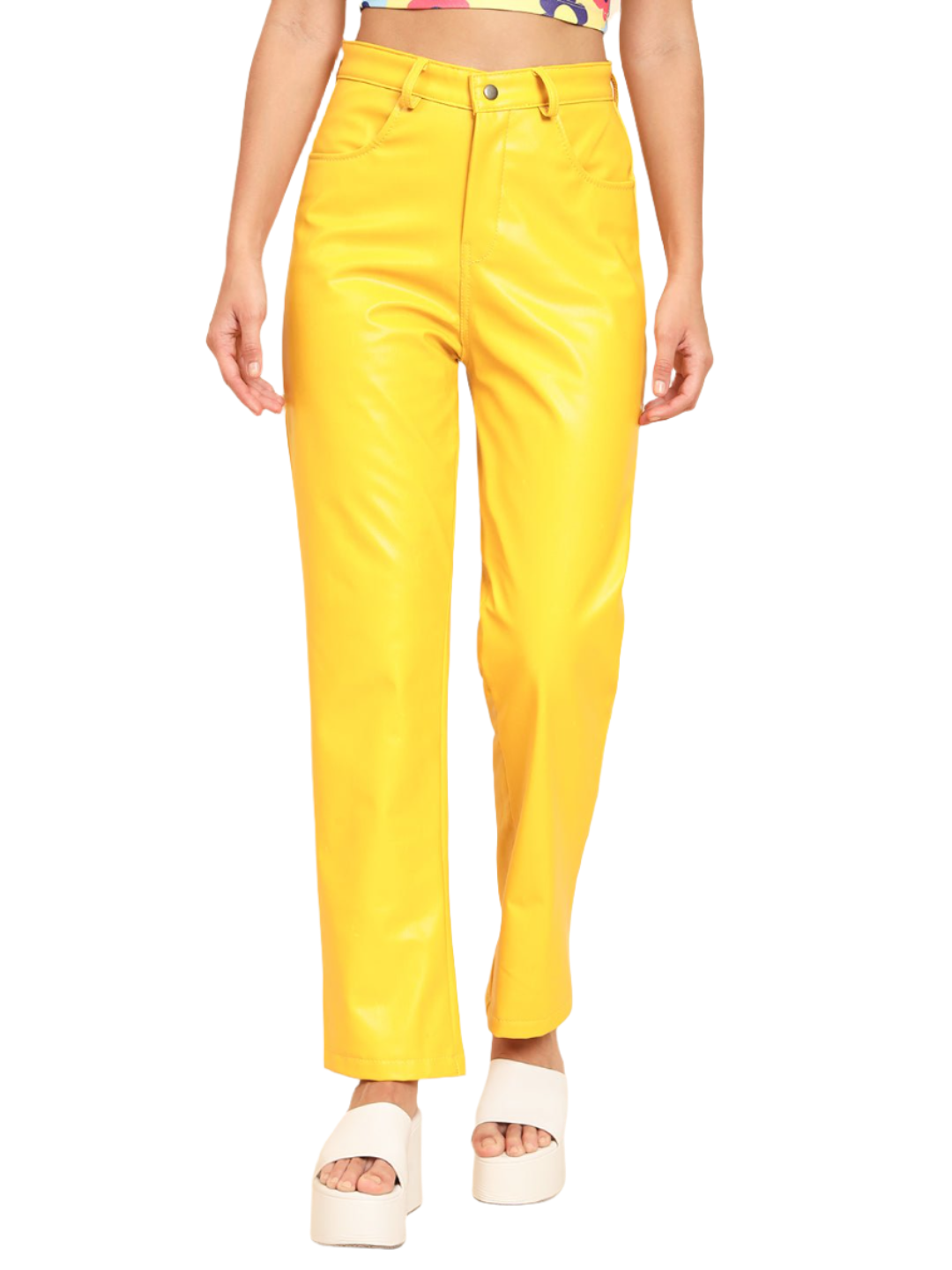 Stacked Flame Women Regular Fit Yellow Faux Leather Trousers