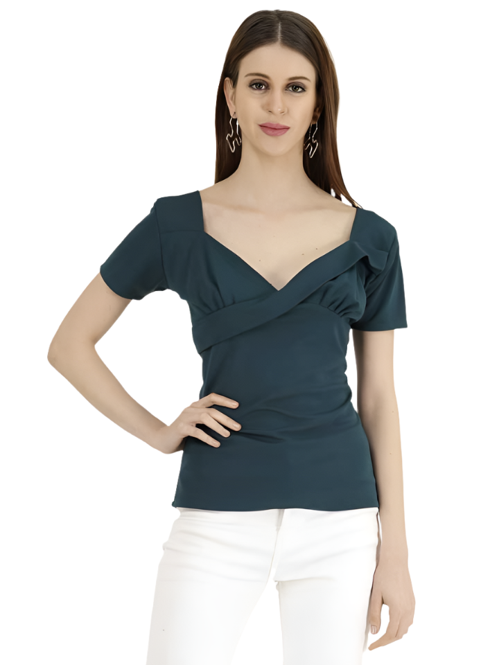 Stacked Flame Casual Regular Sleeves Solid Women Dark Green Top
