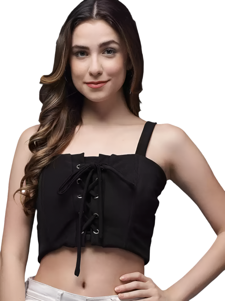 Stacked Flame Casual Noodle Straps Solid Women Black Top