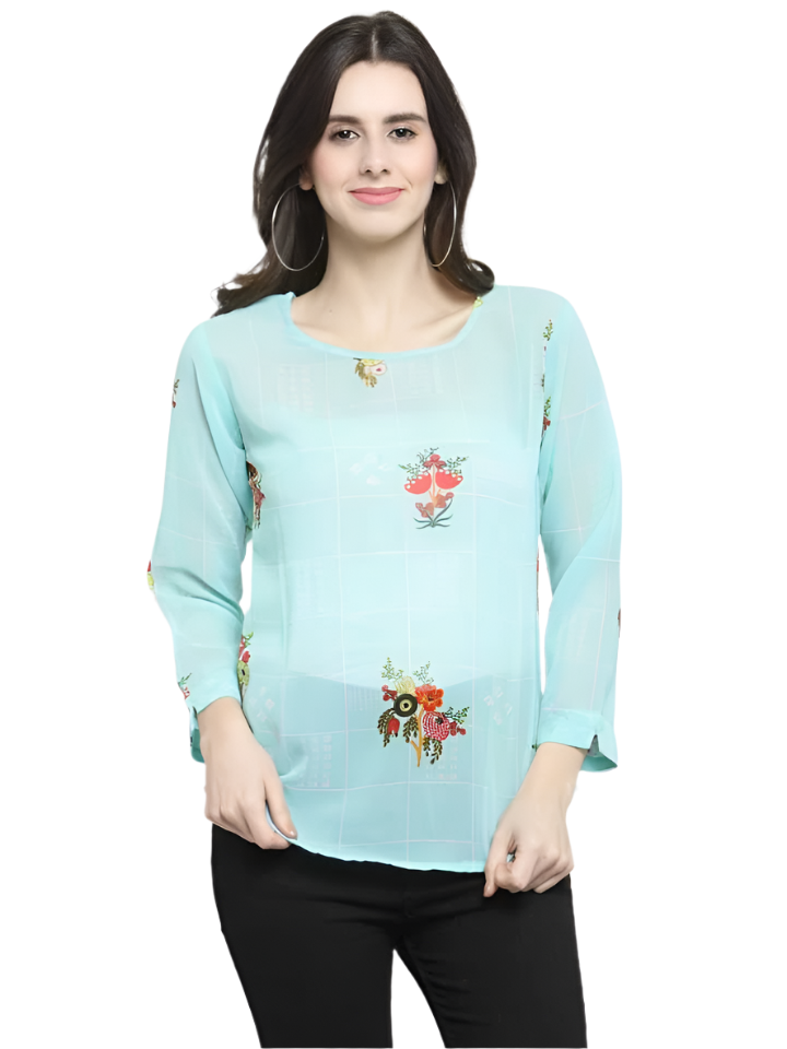 TANDUL  Casual Regular Sleeves Printed Women Blue Top