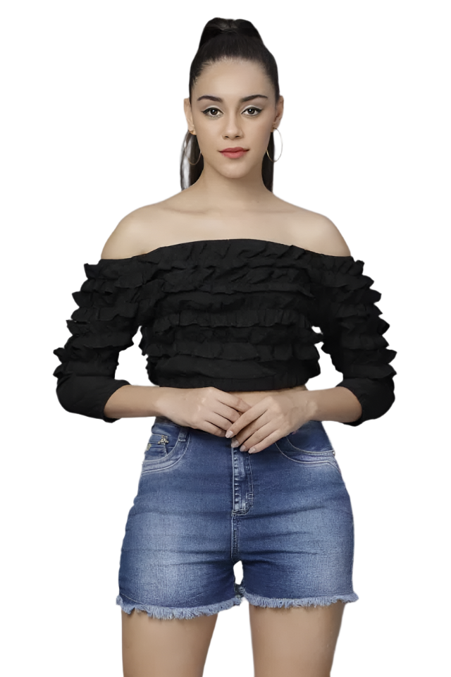Stacked Flame Casual Regular Sleeves Solid Women Black Top