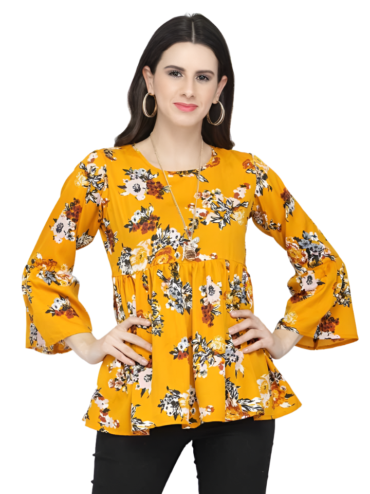 Casual Bell Sleeves Printed Women Multicolor Top