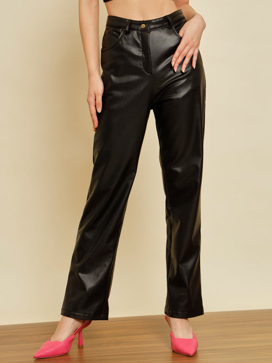 Stacked Flame Women Regular Fit Black Faux Leather Trousers